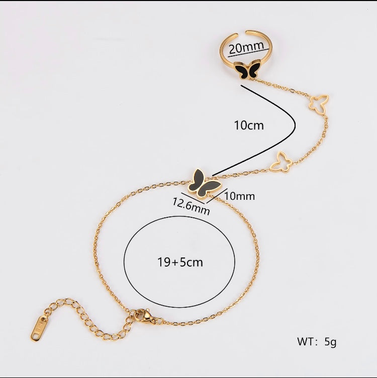 Butterfly black Ring and Integrated Bracelet