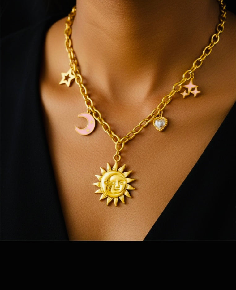Sun Moon Heart Charm Necklace