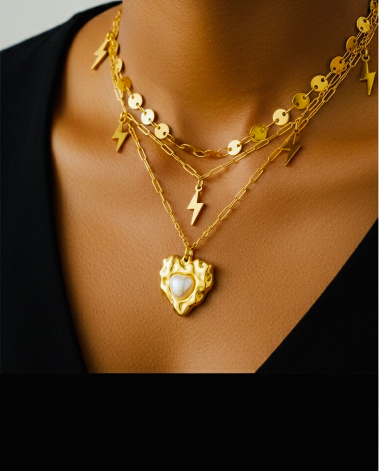 Multilayered Pearl and Heart Necklace