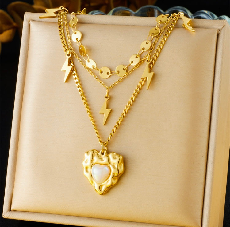 Multilayered Pearl and Heart Necklace