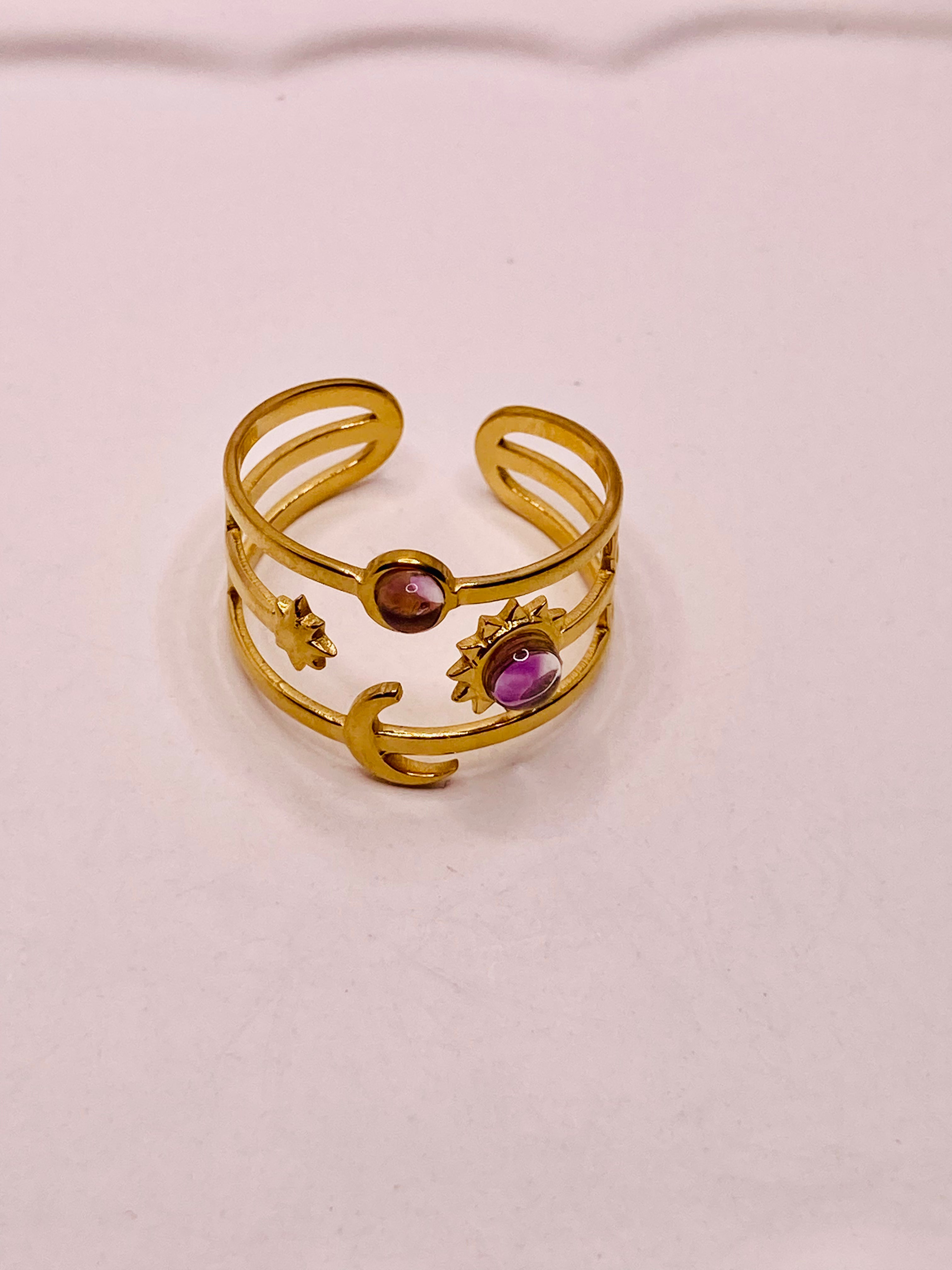 Pink sun moon star ring