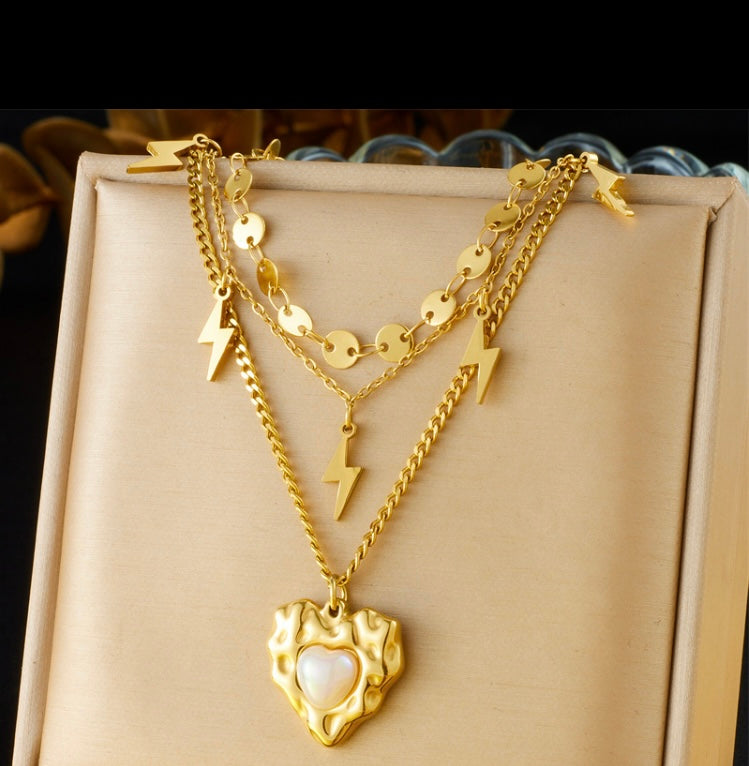 Multilayered Pearl and Heart Necklace