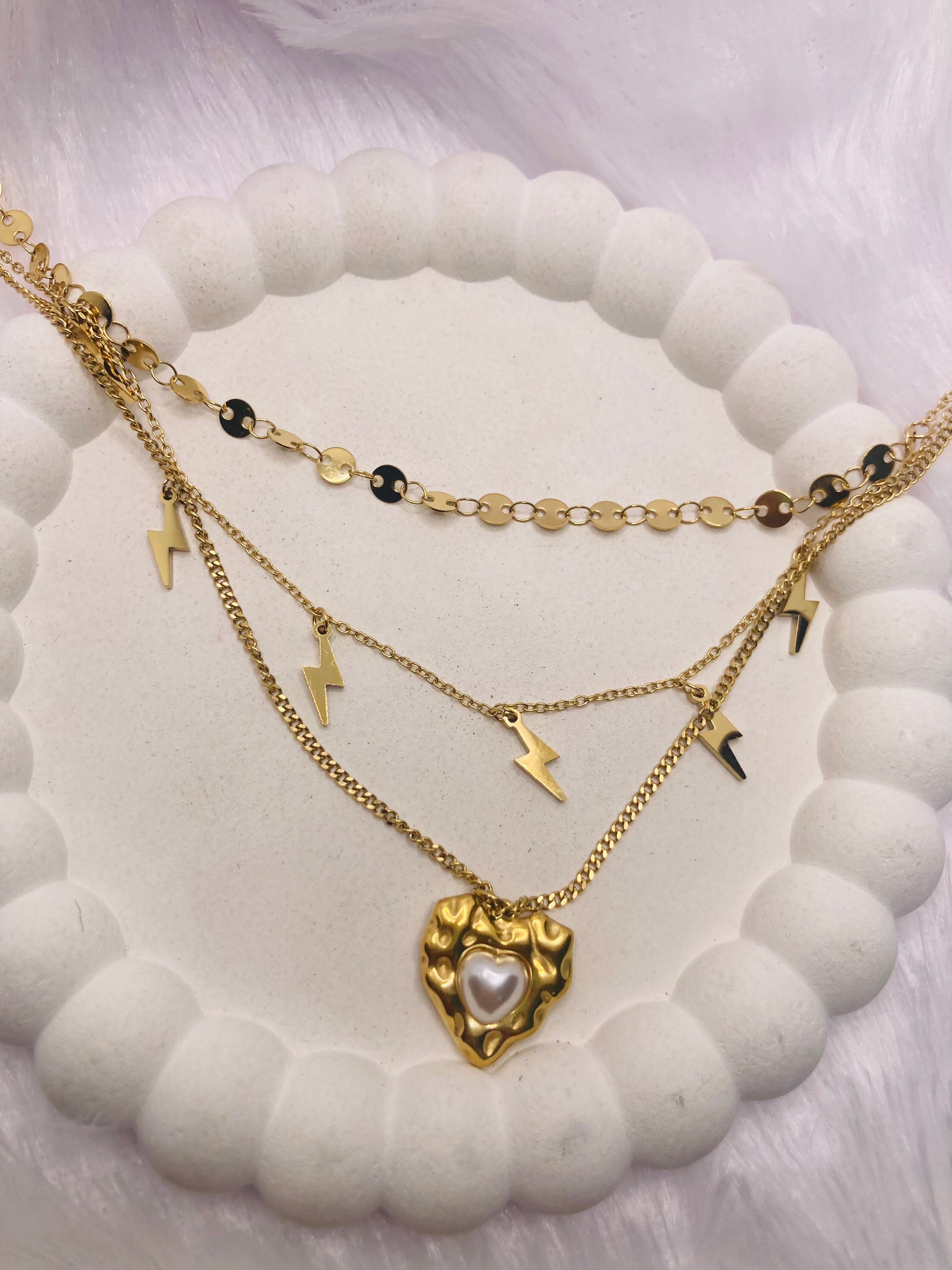 Multilayered Pearl and Heart Necklace