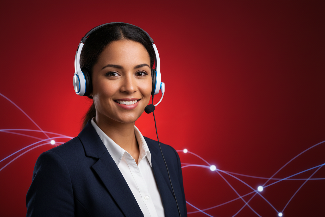 customer care image with blood red back ground for hero banner